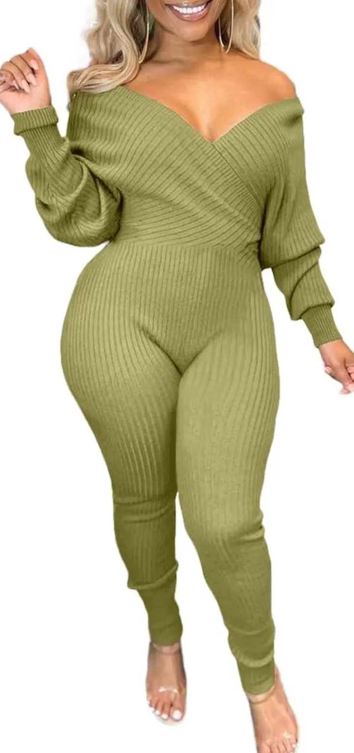 V Neck Long Sleeve Ribbed Jumpsuit