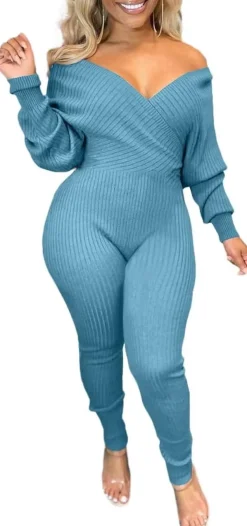 V Neck Long Sleeve Ribbed Jumpsuit