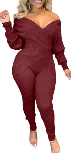 V Neck Long Sleeve Ribbed Jumpsuit