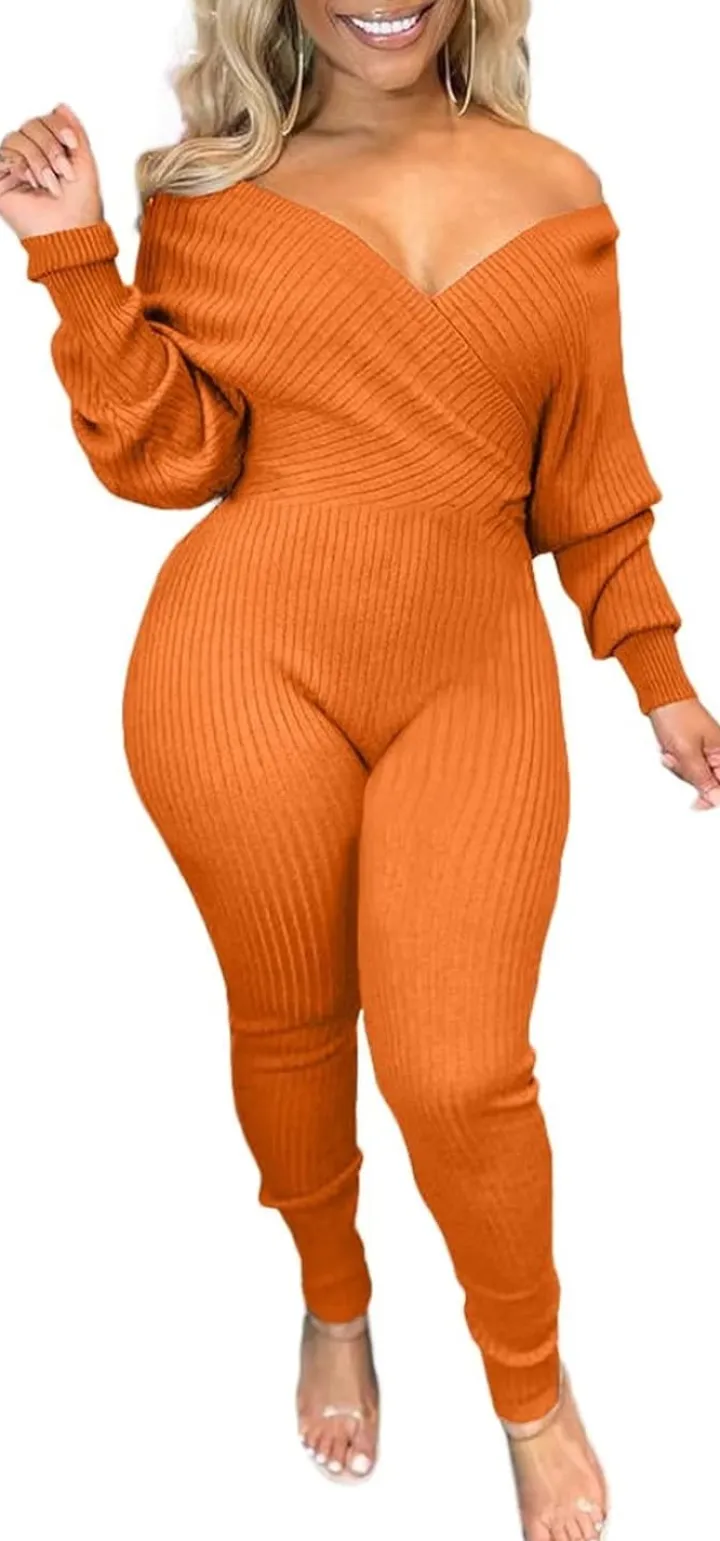 V Neck Long Sleeve Ribbed Jumpsuit