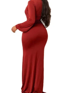 V Neck Long Sleeve Ruched Maxi Dress