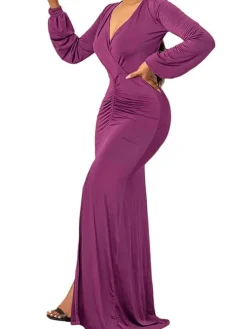 V Neck Long Sleeve Ruched Maxi Dress