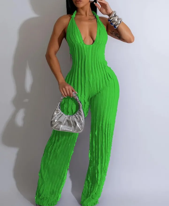 V Neck Pleated Halter Wide Leg Jumpsuit