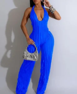 V Neck Pleated Halter Wide Leg Jumpsuit