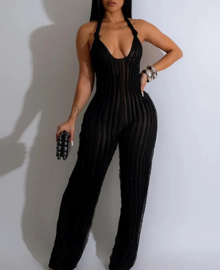 V Neck Pleated Halter Wide Leg Jumpsuit