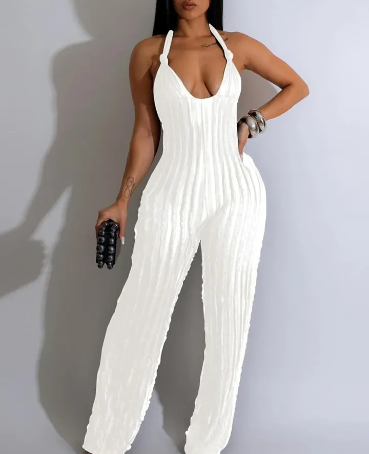 V Neck Pleated Halter Wide Leg Jumpsuit