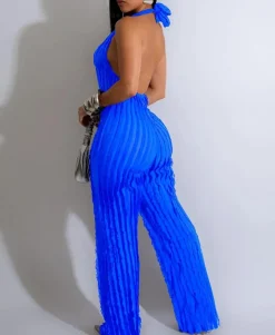 V Neck Pleated Halter Wide Leg Jumpsuit