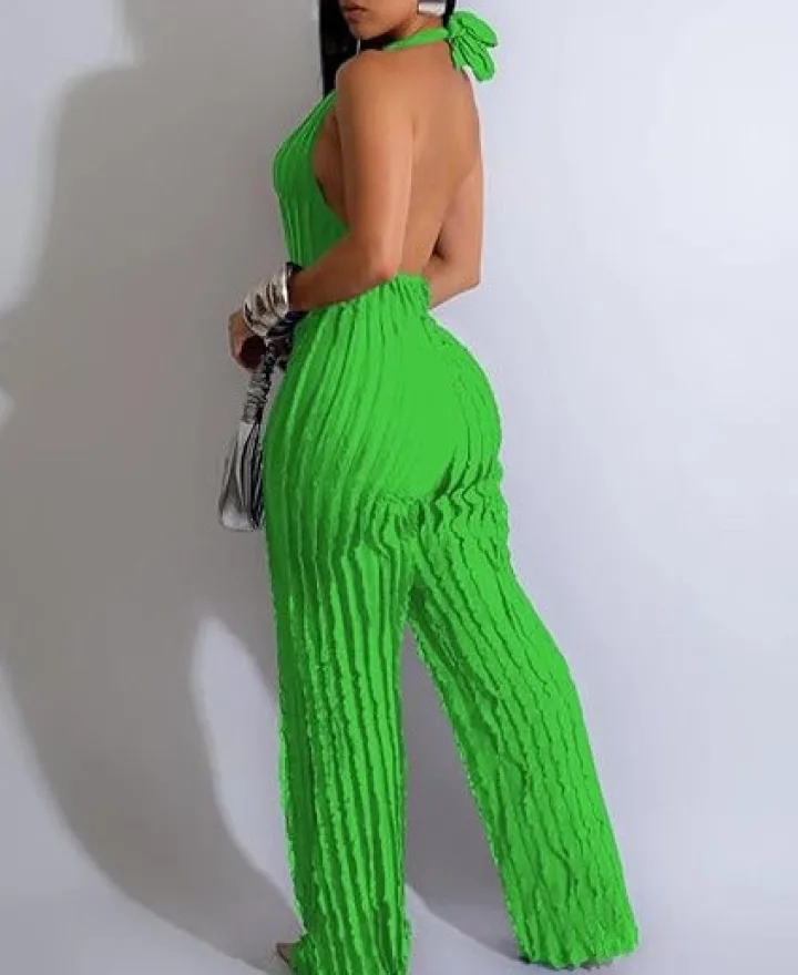 V Neck Pleated Halter Wide Leg Jumpsuit