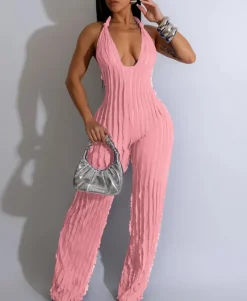 V Neck Pleated Halter Wide Leg Jumpsuit