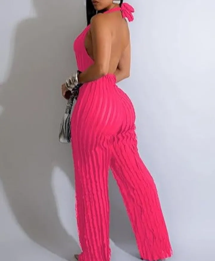 V Neck Pleated Halter Wide Leg Jumpsuit