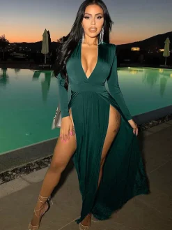 V Neck Solid Color Long Sleeve Slit Maxi Dress