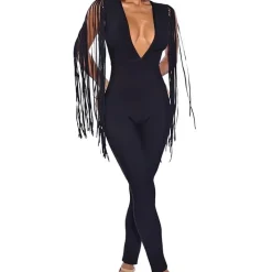 V Neck Tassel Sleeve Bodycon Jumpsuit