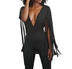 V Neck Tassel Sleeve Bodycon Jumpsuit