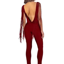 V Neck Tassel Sleeve Bodycon Jumpsuit
