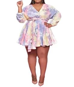 V Neck Tie Dyed Print Long Sleeve Mini Dress