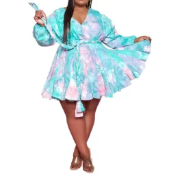 V Neck Tie Dyed Print Long Sleeve Mini Dress