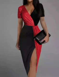 V Neck Wrap Slit Sparkly Midi Dress