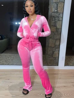 Velour Two Pieces Full Zipper Hooded Tracksuits with Pockets