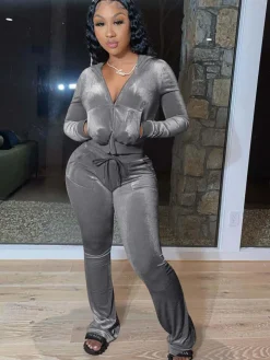 Velour Two Pieces Full Zipper Hooded Tracksuits with Pockets