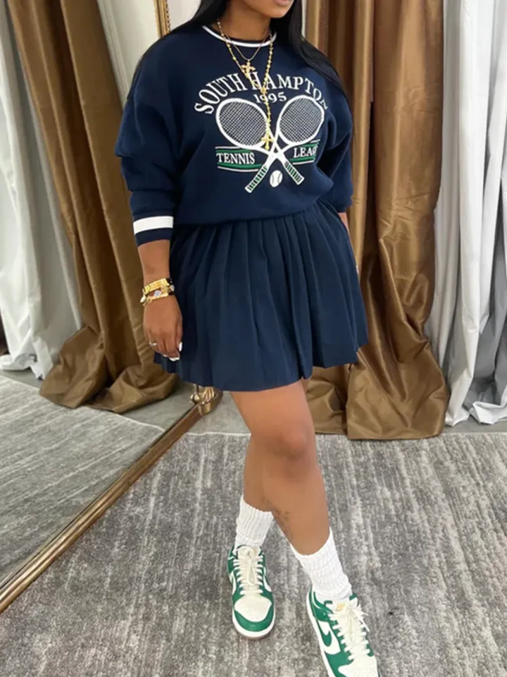 Vintage Tennis Print Sweatshirt Pleated Skirt Set