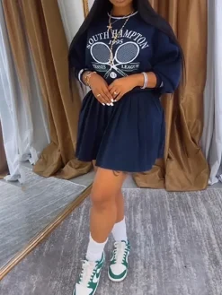 Vintage Tennis Print Sweatshirt Pleated Skirt Set