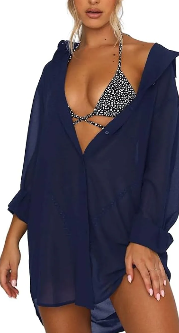 V-Neck Button Down Bikini Cover Up