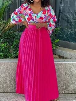 V-Neck Printed Top u0026 Pleated Skirt Two-Piece Set