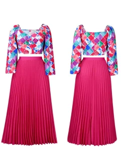V-Neck Printed Top u0026 Pleated Skirt Two-Piece Set