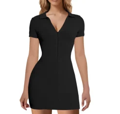 V-Neck Ribbed Striped Zipper Solid Color Mini Dress