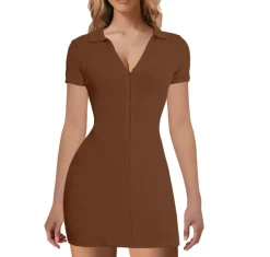 V-Neck Ribbed Striped Zipper Solid Color Mini Dress