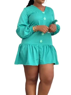 V-Neck Ruched Button Long Sleeve Mini Dress