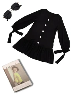 V-Neck Ruched Button Long Sleeve Mini Dress