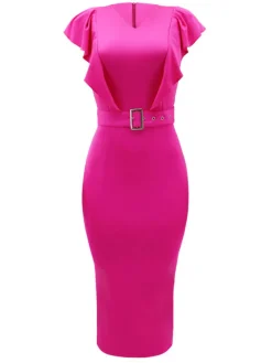 V-Neck Ruffle Sleeve Bodycon Dress