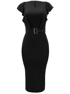 V-Neck Ruffle Sleeve Bodycon Dress