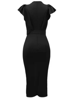 V-Neck Ruffle Sleeve Bodycon Dress