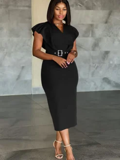 V-Neck Ruffle Sleeve Bodycon Dress