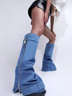 Western Platform Wedge Denim Boots