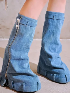 Western Platform Wedge Denim Boots