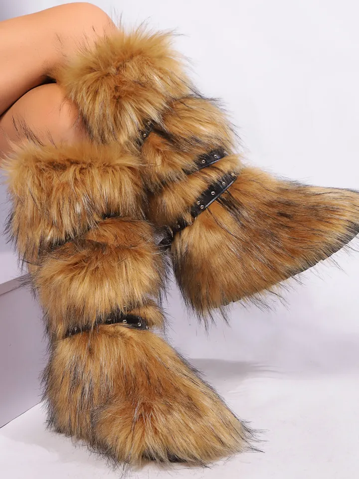 Y2K Faux Fur Cross Strap Buckle Boots