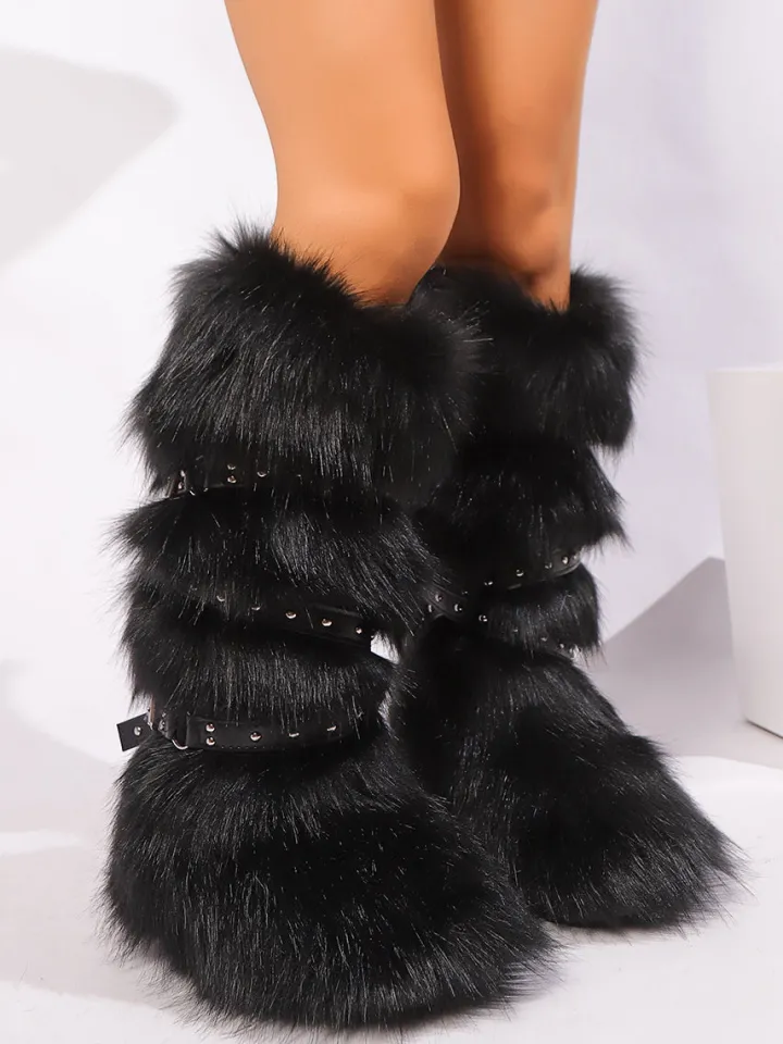 Y2K Faux Fur Cross Strap Buckle Boots