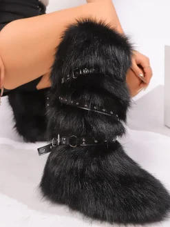 Y2K Faux Fur Cross Strap Buckle Boots