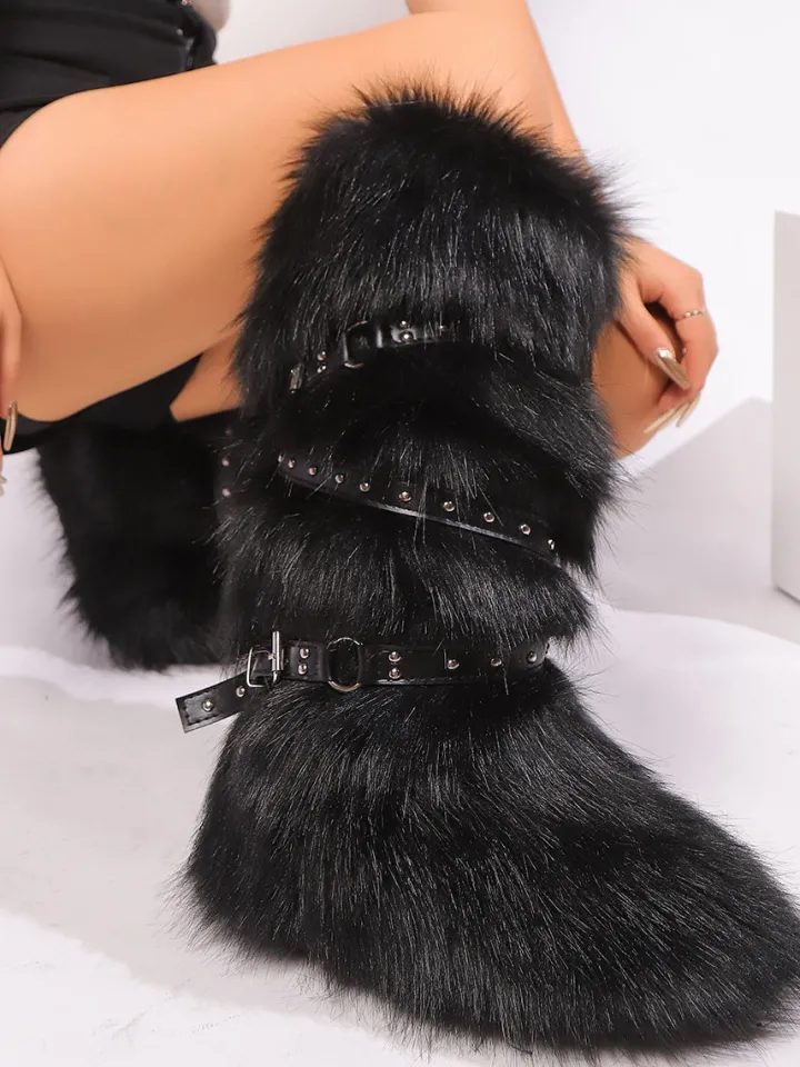 Y2K Faux Fur Cross Strap Buckle Boots