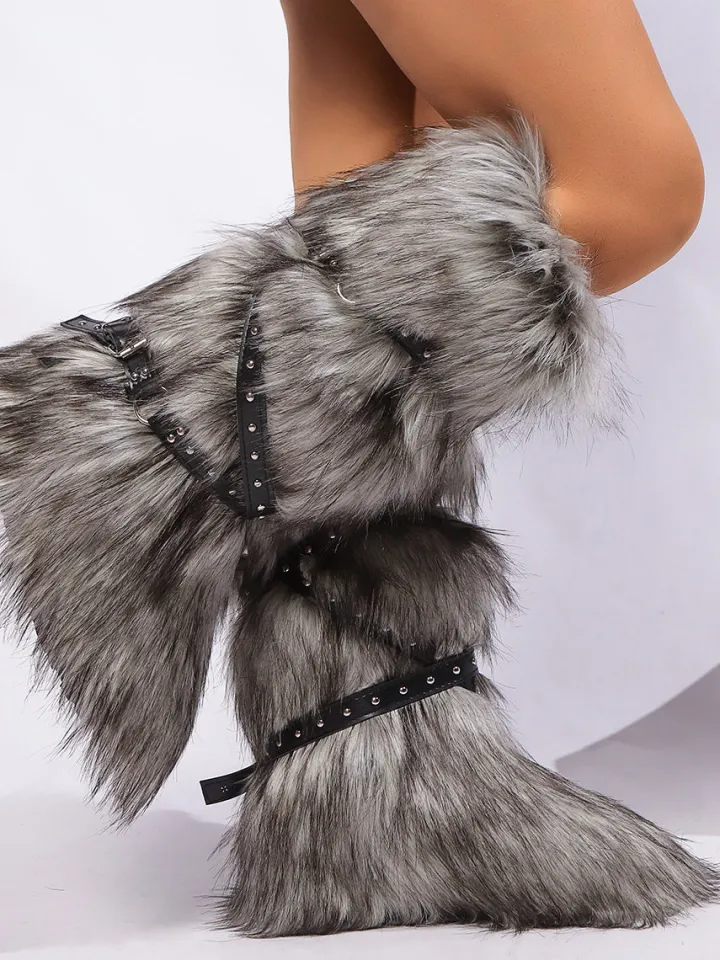 Y2K Faux Fur Cross Strap Buckle Boots