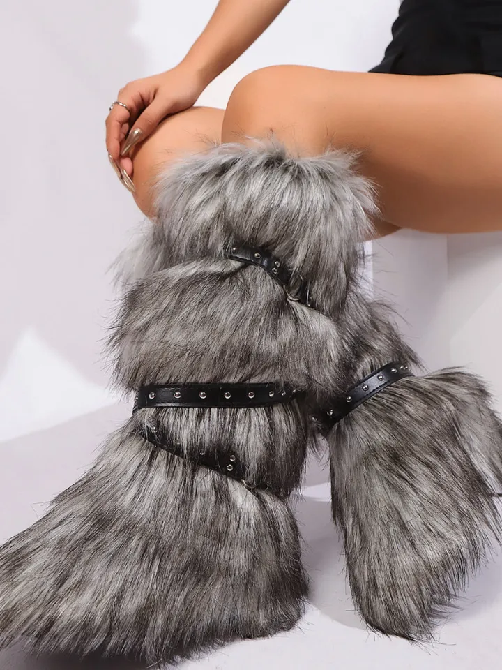 Y2K Faux Fur Cross Strap Buckle Boots
