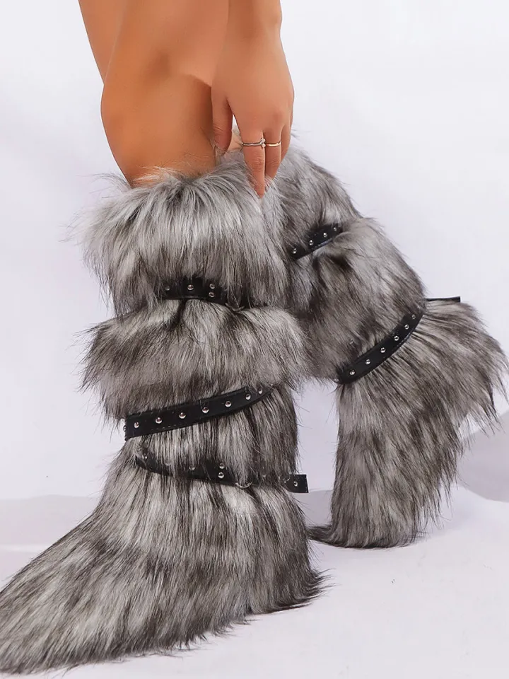 Y2K Faux Fur Cross Strap Buckle Boots