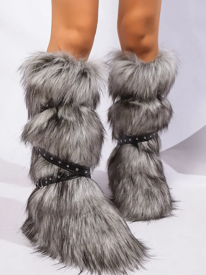 Y2K Faux Fur Cross Strap Buckle Boots