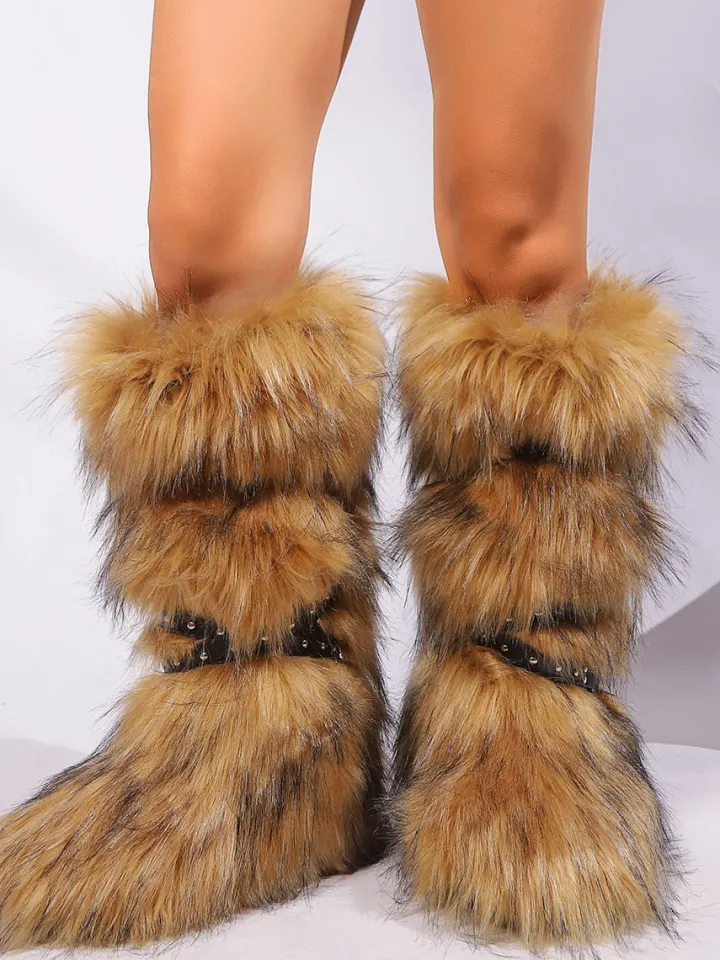 Y2K Faux Fur Cross Strap Buckle Boots
