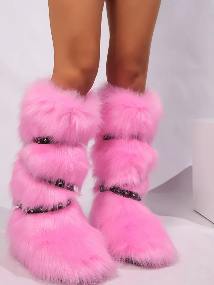 Y2K Faux Fur Cross Strap Buckle Boots