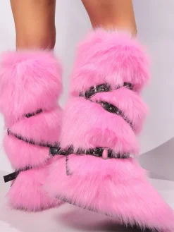 Y2K Faux Fur Cross Strap Buckle Boots