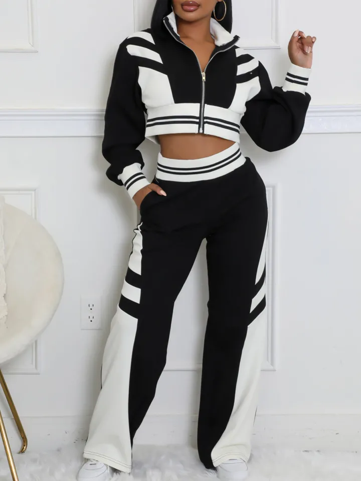 Zip Up Top Color Block Pants Set